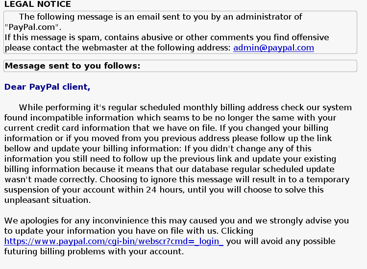 PayPal phishing email